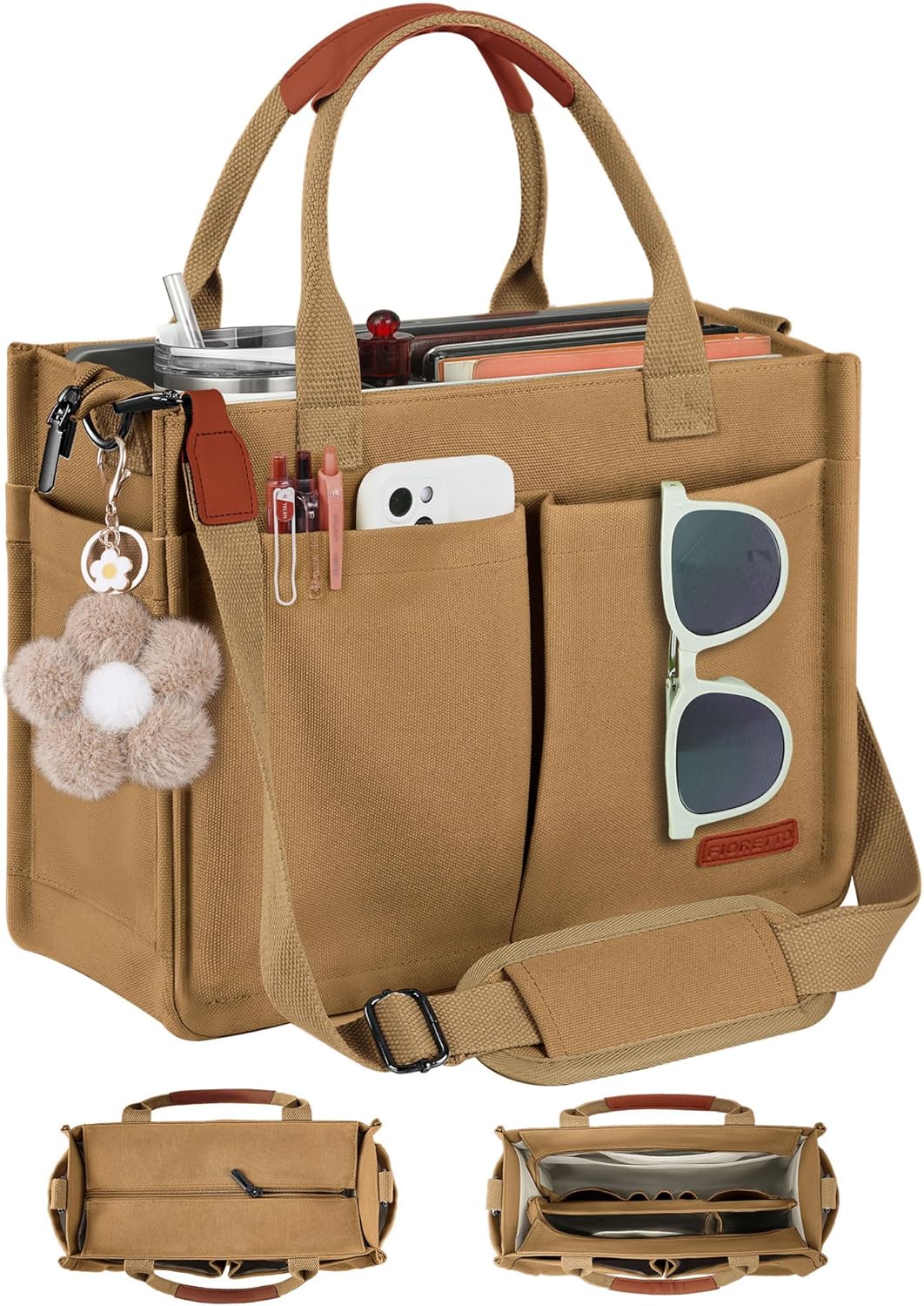 Womens Canvas Tote Bag Purse with Individual Compartment, Zipper Top, Reinforced Bottom & Luggage Sleeve