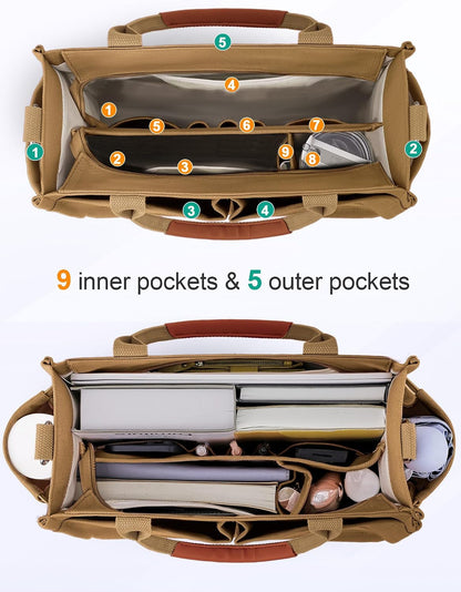 Womens Canvas Tote Bag Purse with Individual Compartment, Zipper Top, Reinforced Bottom & Luggage Sleeve