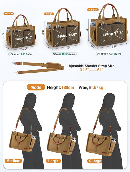 Womens Canvas Tote Bag Purse with Individual Compartment, Zipper Top, Reinforced Bottom & Luggage Sleeve