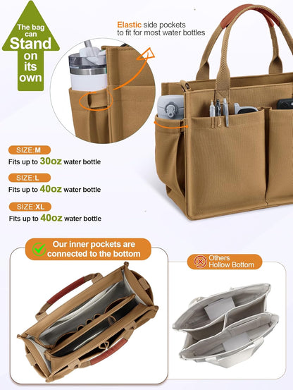 Womens Canvas Tote Bag Purse with Individual Compartment, Zipper Top, Reinforced Bottom & Luggage Sleeve