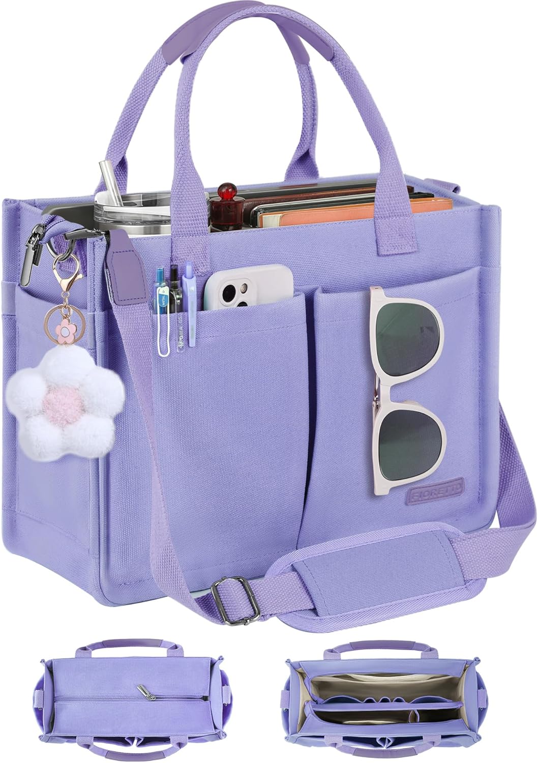 Womens Canvas Tote Bag Purse with Individual Compartment, Zipper Top, Reinforced Bottom & Luggage Sleeve