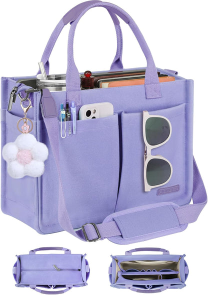 Womens Canvas Tote Bag Purse with Individual Compartment, Zipper Top, Reinforced Bottom & Luggage Sleeve
