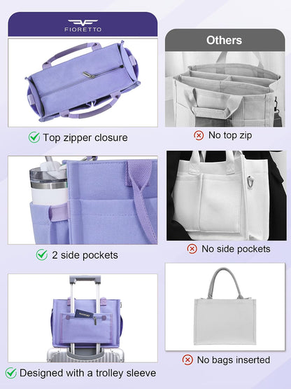 Womens Canvas Tote Bag Purse with Individual Compartment, Zipper Top, Reinforced Bottom & Luggage Sleeve