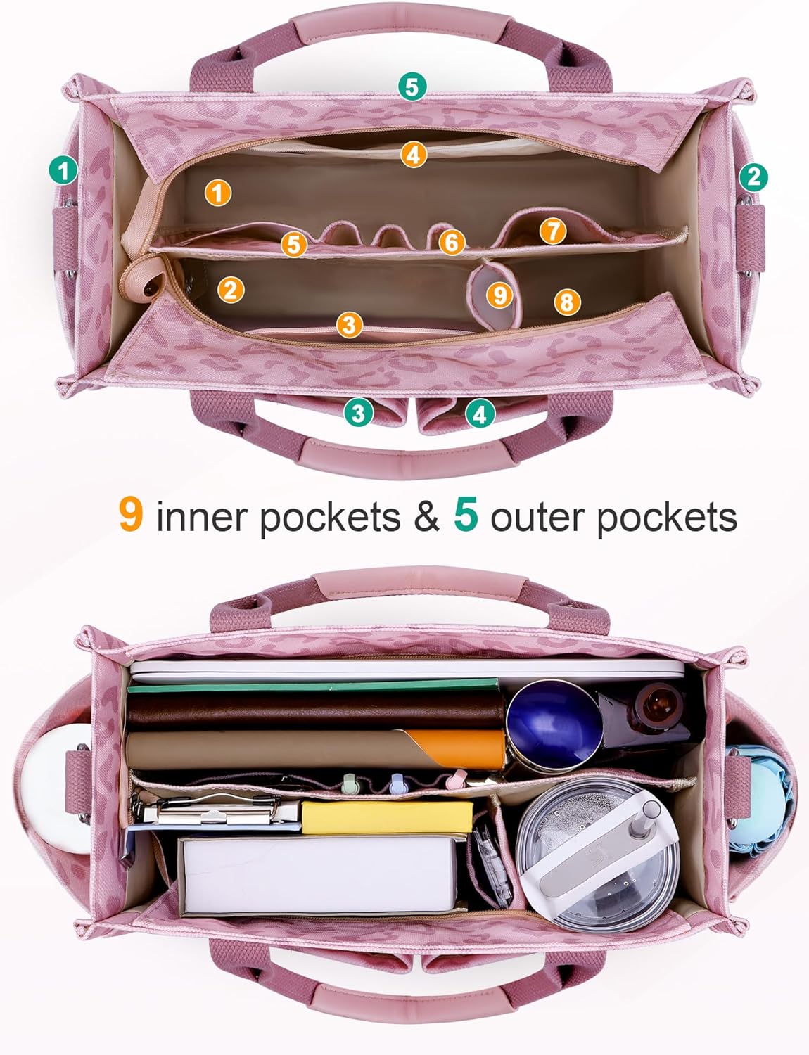 Womens Canvas Tote Bag Purse with Individual Compartment, Zipper Top, Reinforced Bottom & Luggage Sleeve