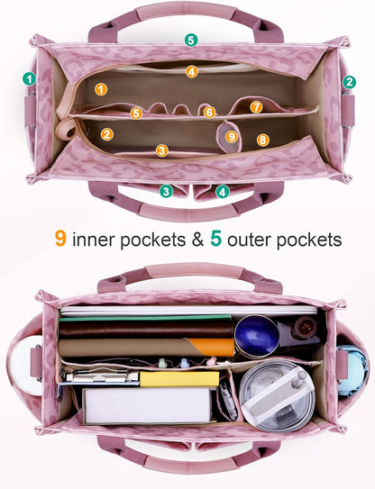 Womens Canvas Tote Bag Purse with Individual Compartment, Zipper Top, Reinforced Bottom & Luggage Sleeve