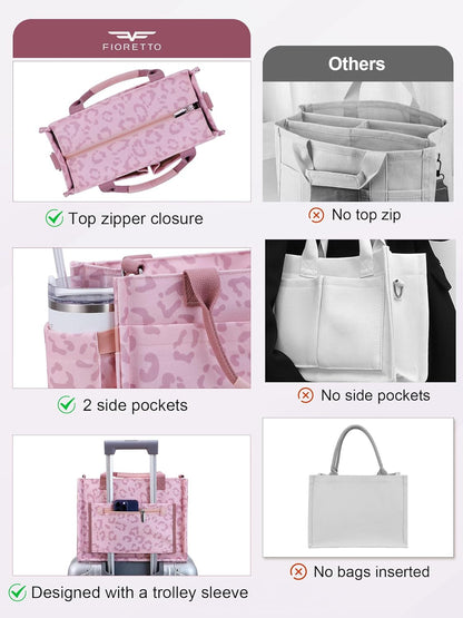 Womens Canvas Tote Bag Purse with Individual Compartment, Zipper Top, Reinforced Bottom & Luggage Sleeve