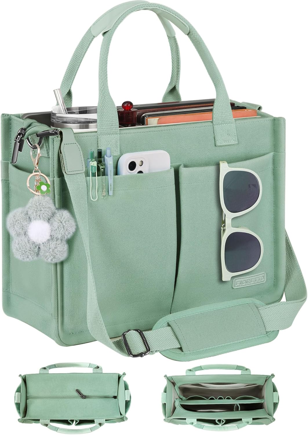 Womens Canvas Tote Bag Purse with Individual Compartment, Zipper Top, Reinforced Bottom & Luggage Sleeve