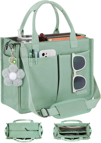 Womens Canvas Tote Bag Purse with Individual Compartment, Zipper Top, Reinforced Bottom & Luggage Sleeve