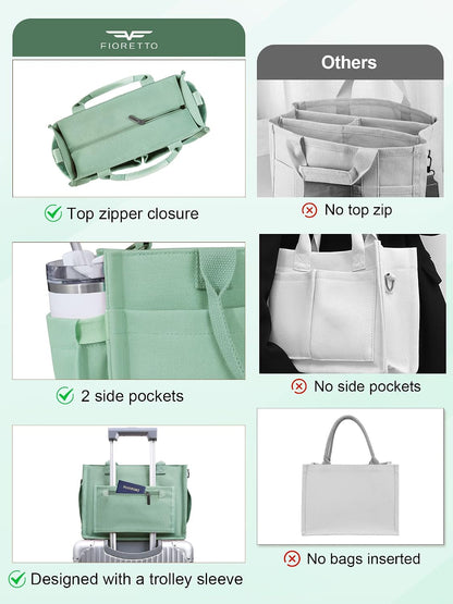 Womens Canvas Tote Bag Purse with Individual Compartment, Zipper Top, Reinforced Bottom & Luggage Sleeve