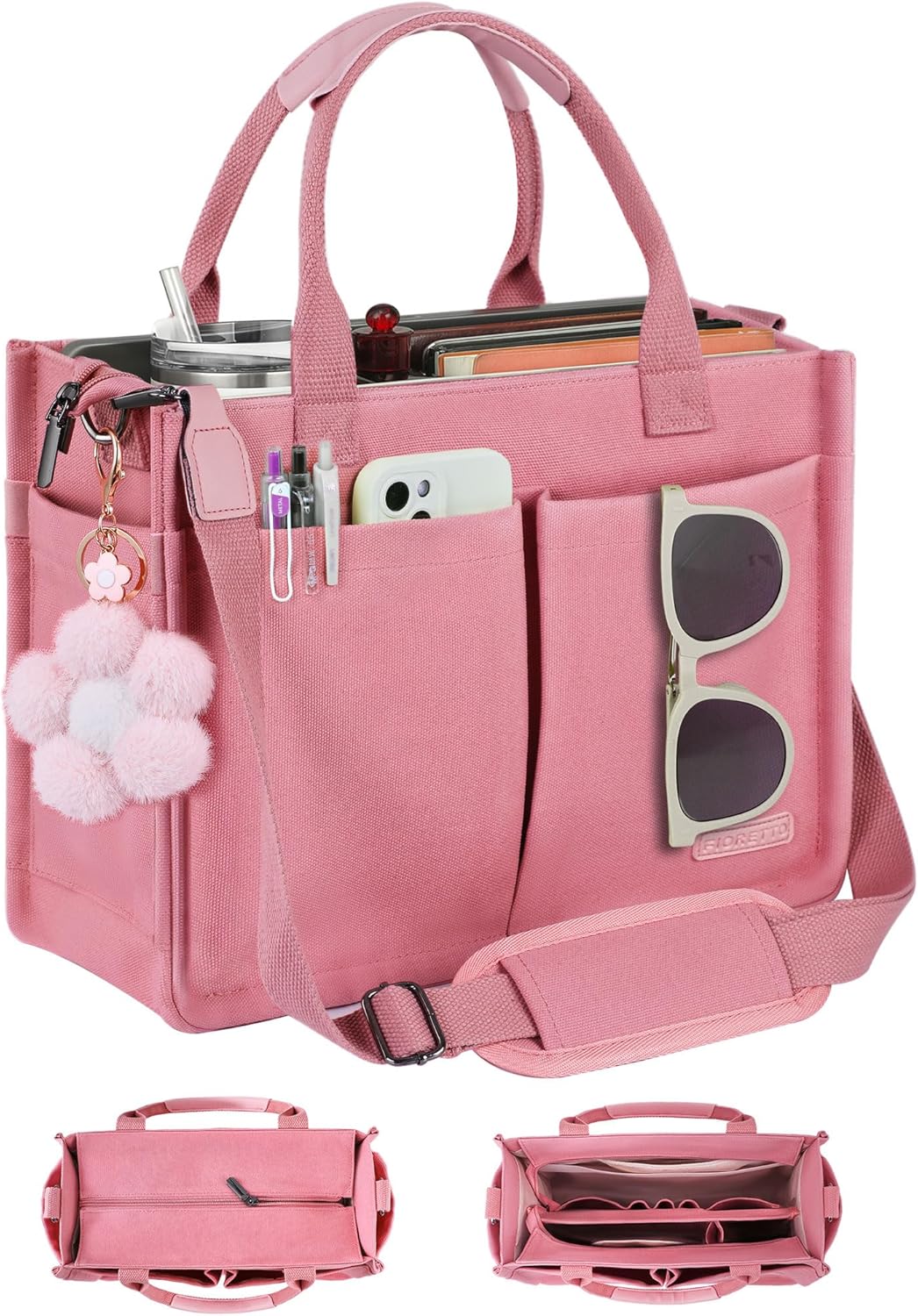 Womens Canvas Tote Bag Purse with Individual Compartment, Zipper Top, Reinforced Bottom & Luggage Sleeve