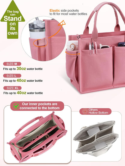 Womens Canvas Tote Bag Purse with Individual Compartment, Zipper Top, Reinforced Bottom & Luggage Sleeve