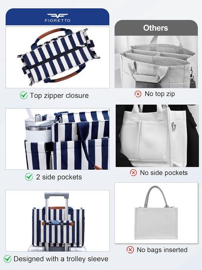 Womens Canvas Tote Bag Purse with Individual Compartment, Zipper Top, Reinforced Bottom & Luggage Sleeve