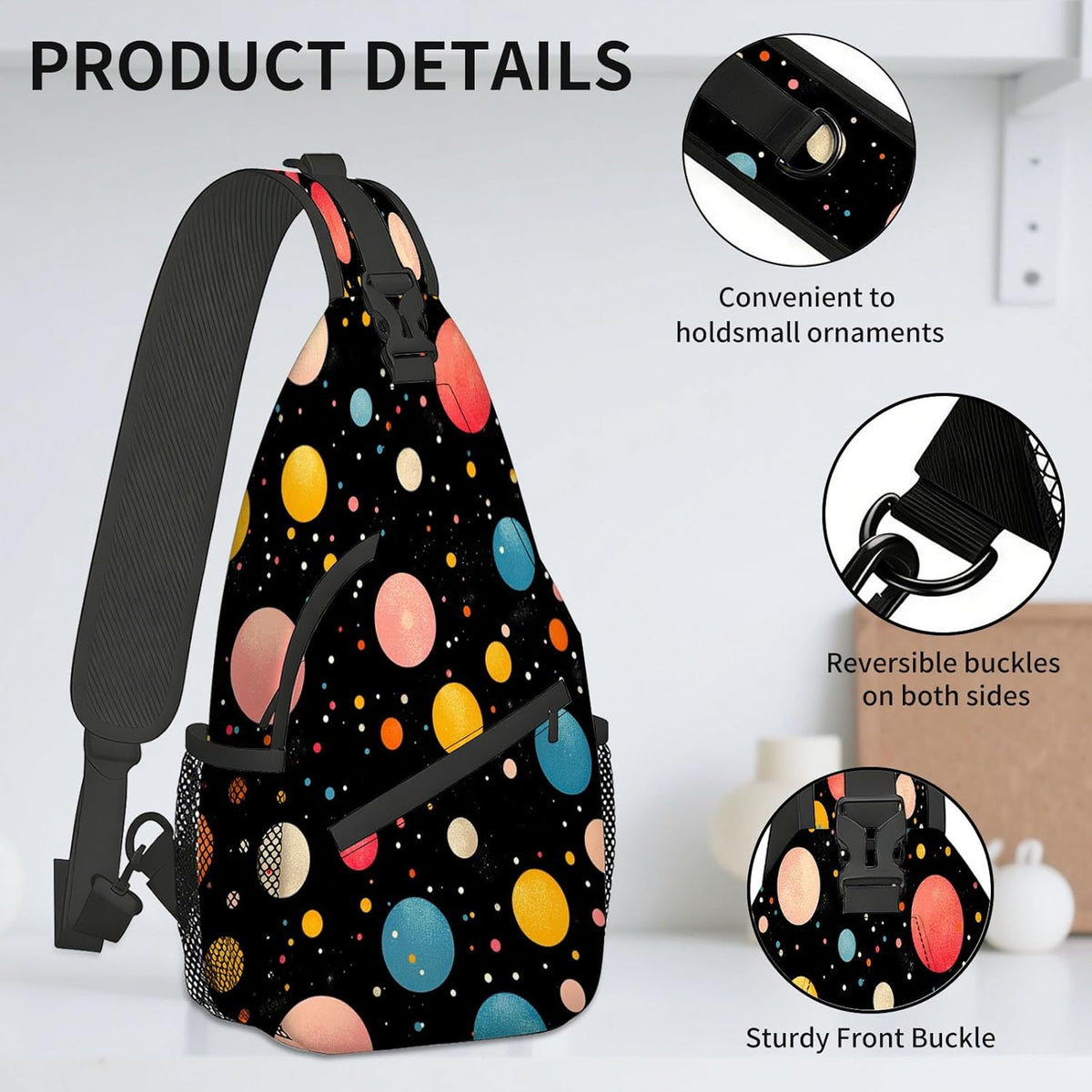 Sling Bag Crossbody Backpack for Men & Women, Lightweight Water-Resistant Chest Bag with Multi-Pockets & Side Pockets, Unique Print for Travel Hiking, Emerald Crystals Gemstone