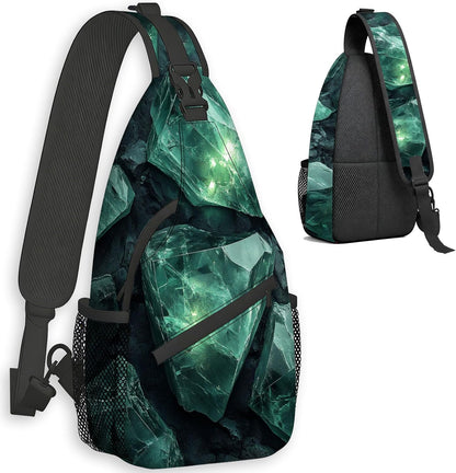 Sling Bag Crossbody Backpack for Men & Women, Lightweight Water-Resistant Chest Bag with Multi-Pockets & Side Pockets, Unique Print for Travel Hiking, Emerald Crystals Gemstone