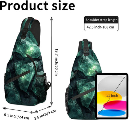 Sling Bag Crossbody Backpack for Men & Women, Lightweight Water-Resistant Chest Bag with Multi-Pockets & Side Pockets, Unique Print for Travel Hiking, Emerald Crystals Gemstone