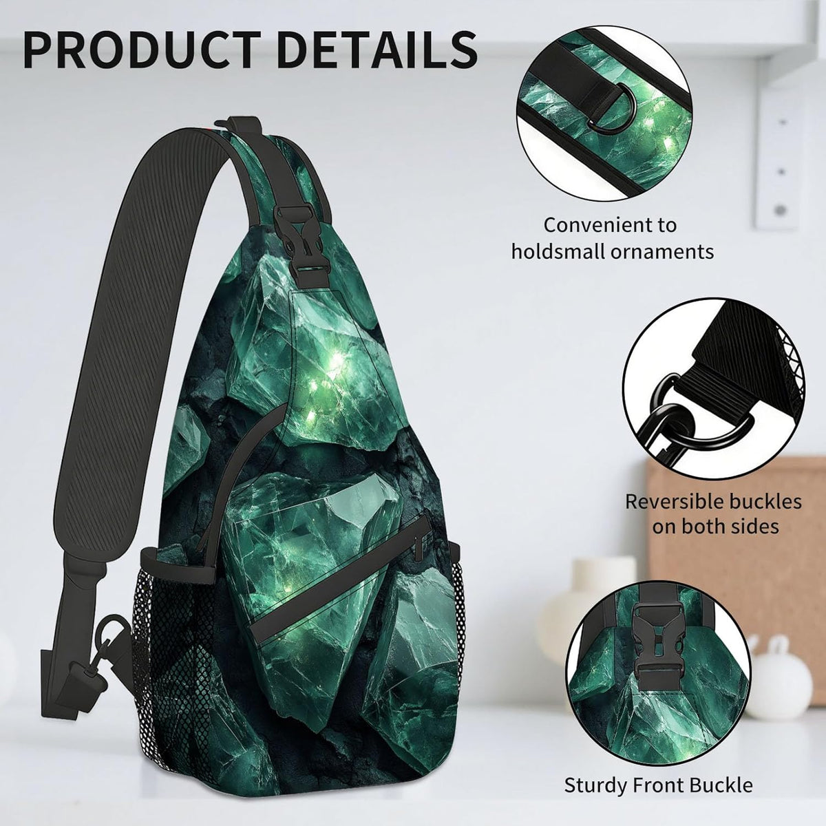 Sling Bag Crossbody Backpack for Men & Women, Lightweight Water-Resistant Chest Bag with Multi-Pockets & Side Pockets, Unique Print for Travel Hiking, Emerald Crystals Gemstone