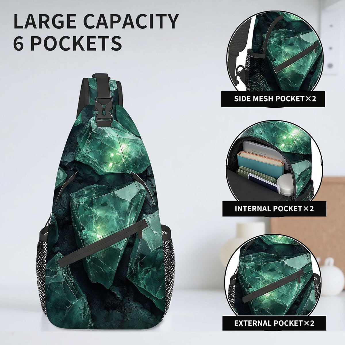 Sling Bag Crossbody Backpack for Men & Women, Lightweight Water-Resistant Chest Bag with Multi-Pockets & Side Pockets, Unique Print for Travel Hiking, Emerald Crystals Gemstone