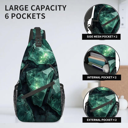 Sling Bag Crossbody Backpack for Men & Women, Lightweight Water-Resistant Chest Bag with Multi-Pockets & Side Pockets, Unique Print for Travel Hiking, Emerald Crystals Gemstone