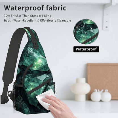 Sling Bag Crossbody Backpack for Men & Women, Lightweight Water-Resistant Chest Bag with Multi-Pockets & Side Pockets, Unique Print for Travel Hiking, Emerald Crystals Gemstone