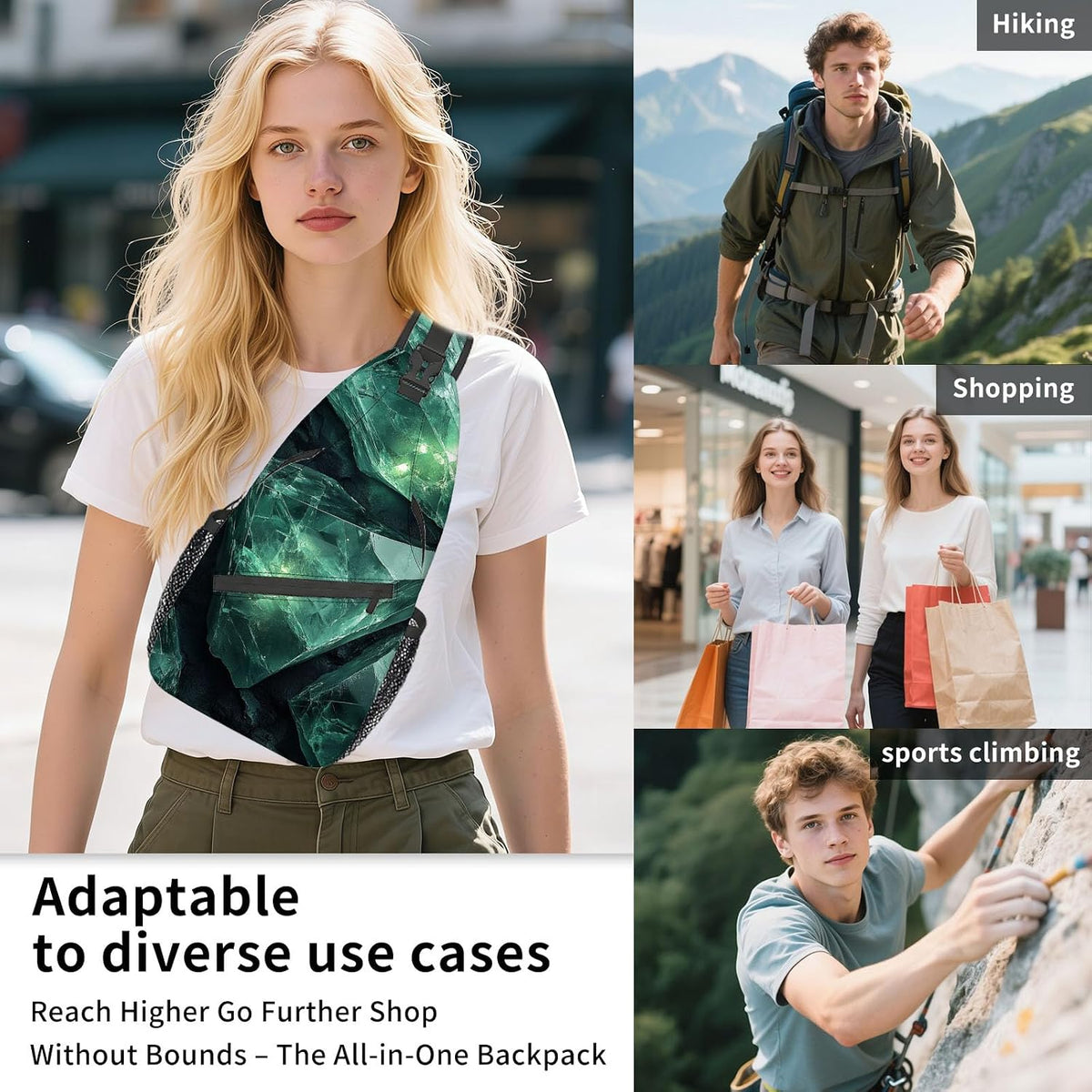 Sling Bag Crossbody Backpack for Men & Women, Lightweight Water-Resistant Chest Bag with Multi-Pockets & Side Pockets, Unique Print for Travel Hiking, Emerald Crystals Gemstone