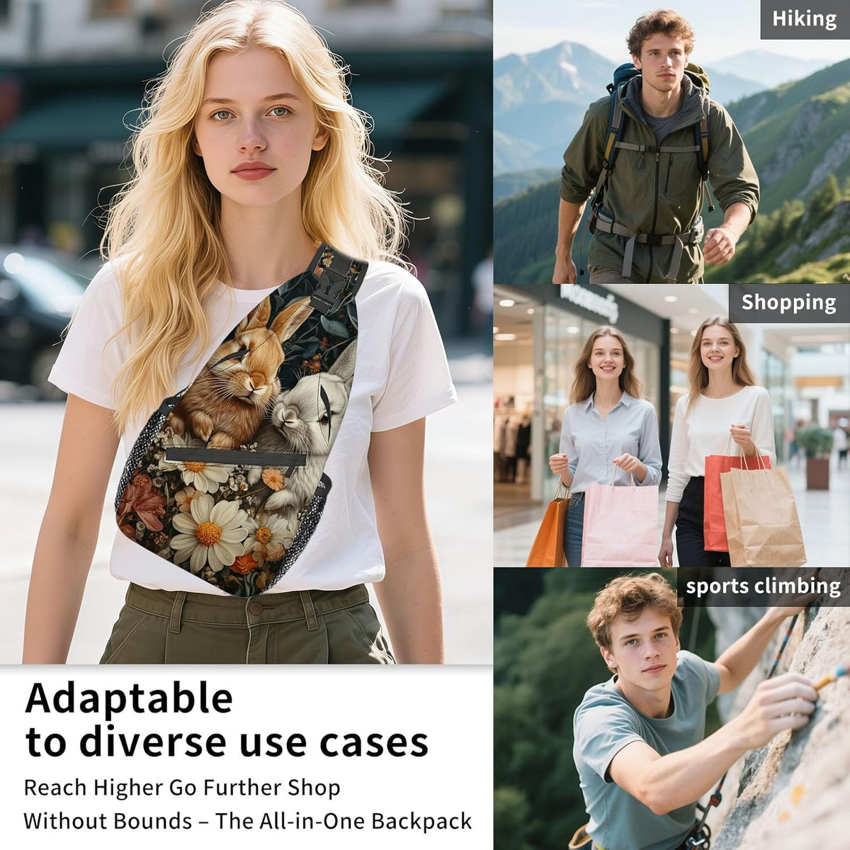 Sling Bag Crossbody Backpack for Men & Women, Lightweight Water-Resistant Chest Bag with Multi-Pockets & Side Pockets, Unique Print for Travel Hiking, Emerald Crystals Gemstone