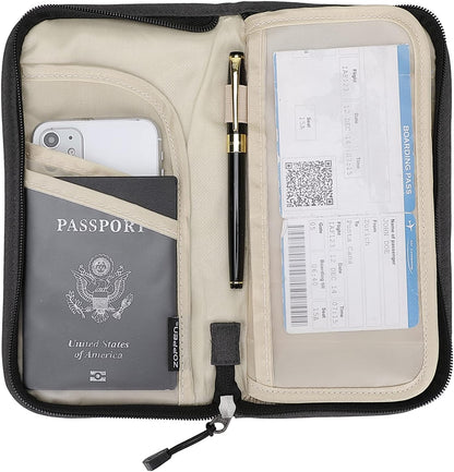 Passport Holder Family RFID Passport Wallet, Passport Holder Women/Men, Travel Wallet Documents Organizer Zipper Case with Removable Wristlet Strap, Travel Essentials for Flying
