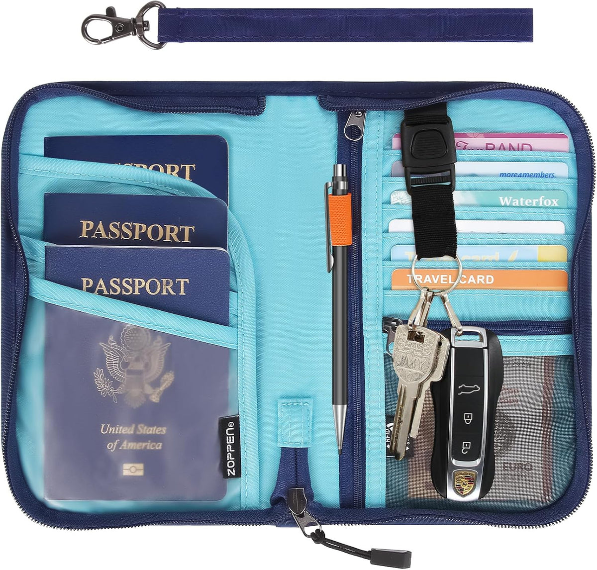 Passport Holder Family RFID Passport Wallet, Passport Holder Women/Men, Travel Wallet Documents Organizer Zipper Case with Removable Wristlet Strap, Travel Essentials for Flying