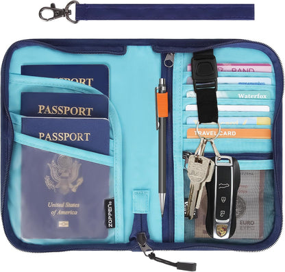 Passport Holder Family RFID Passport Wallet, Passport Holder Women/Men, Travel Wallet Documents Organizer Zipper Case with Removable Wristlet Strap, Travel Essentials for Flying