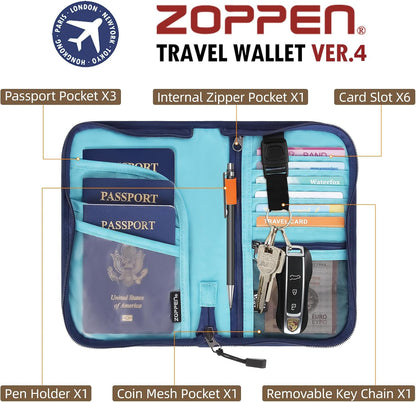 Passport Holder Family RFID Passport Wallet, Passport Holder Women/Men, Travel Wallet Documents Organizer Zipper Case with Removable Wristlet Strap, Travel Essentials for Flying