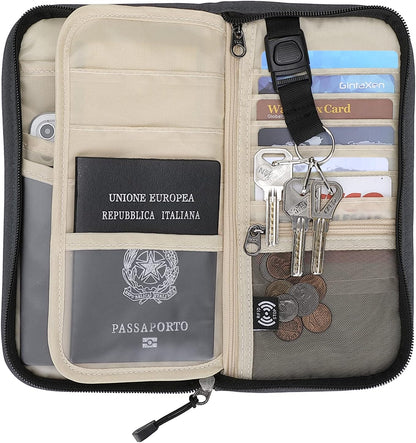 Passport Holder Family RFID Passport Wallet, Passport Holder Women/Men, Travel Wallet Documents Organizer Zipper Case with Removable Wristlet Strap, Travel Essentials for Flying