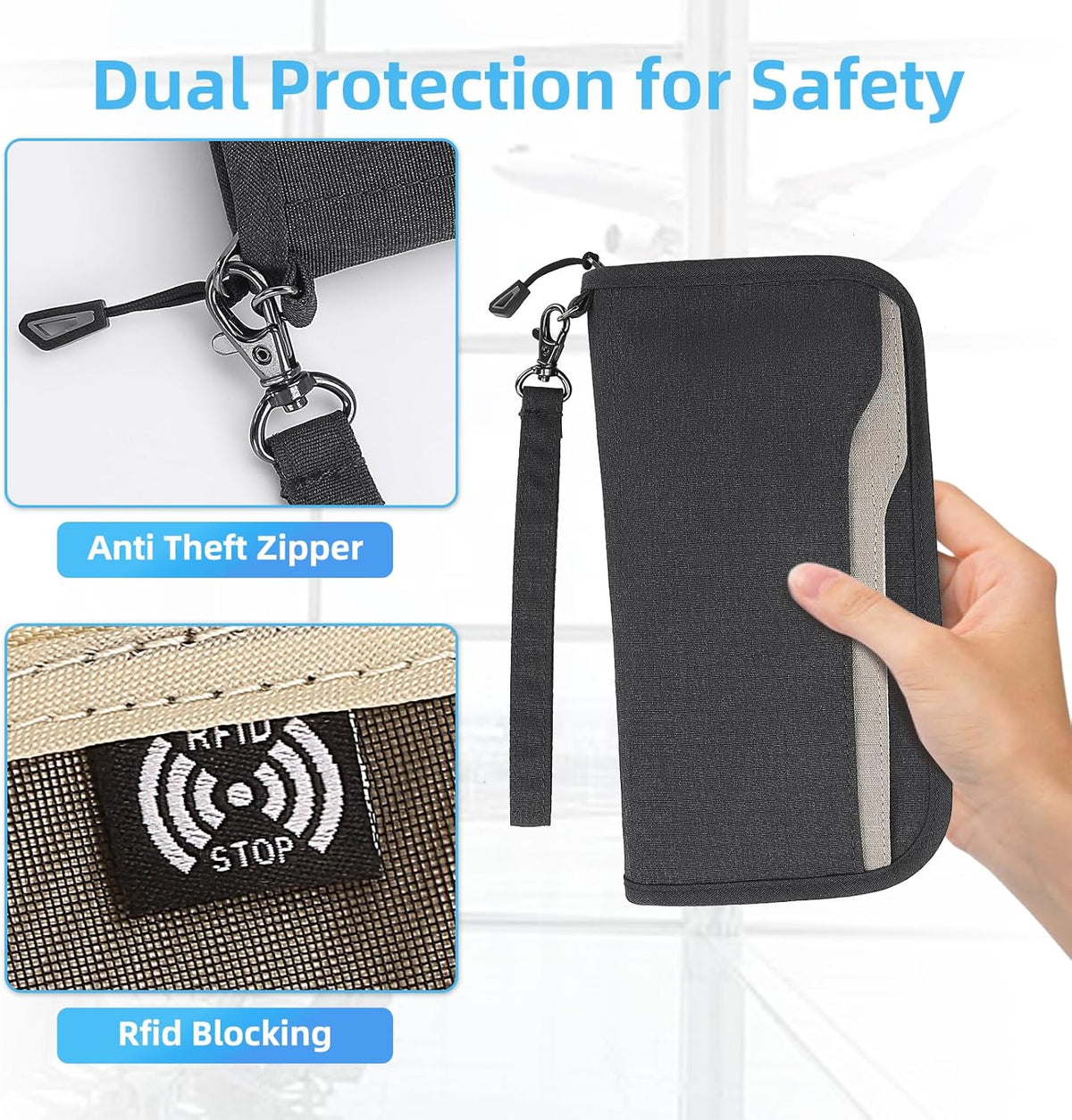 Passport Holder Family RFID Passport Wallet, Passport Holder Women/Men, Travel Wallet Documents Organizer Zipper Case with Removable Wristlet Strap, Travel Essentials for Flying