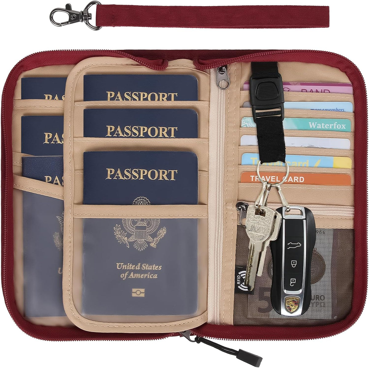 Passport Holder Family RFID Passport Wallet, Passport Holder Women/Men, Travel Wallet Documents Organizer Zipper Case with Removable Wristlet Strap, Travel Essentials for Flying