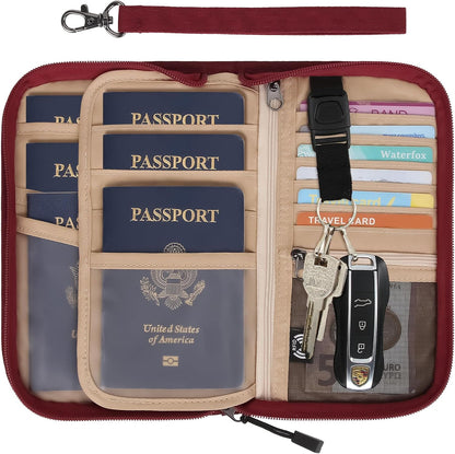 Passport Holder Family RFID Passport Wallet, Passport Holder Women/Men, Travel Wallet Documents Organizer Zipper Case with Removable Wristlet Strap, Travel Essentials for Flying