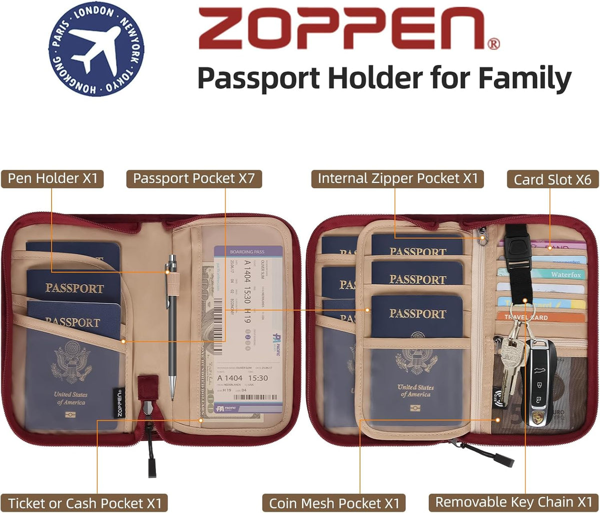 Passport Holder Family RFID Passport Wallet, Passport Holder Women/Men, Travel Wallet Documents Organizer Zipper Case with Removable Wristlet Strap, Travel Essentials for Flying