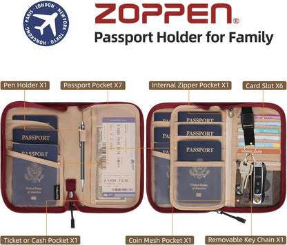 Passport Holder Family RFID Passport Wallet, Passport Holder Women/Men, Travel Wallet Documents Organizer Zipper Case with Removable Wristlet Strap, Travel Essentials for Flying