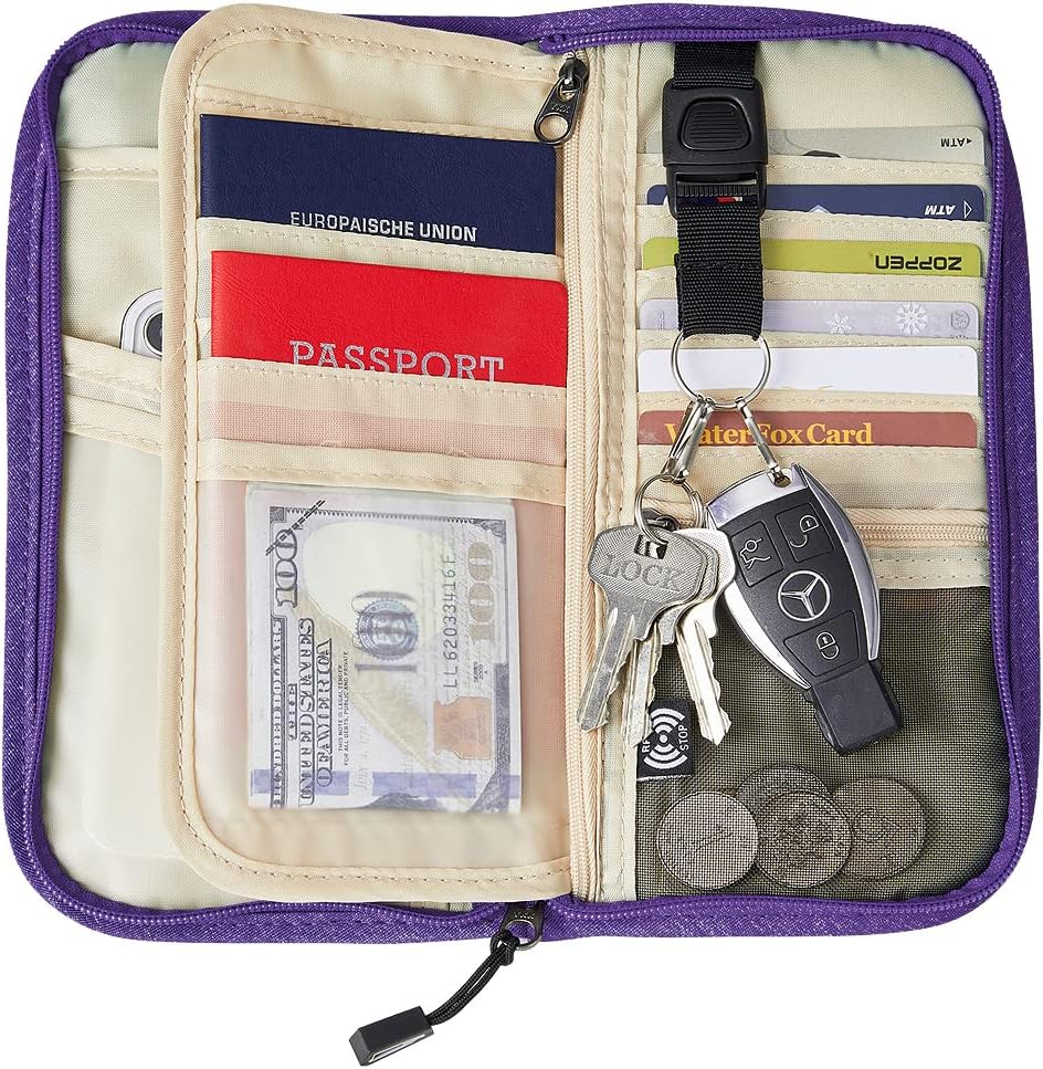Passport Holder Family RFID Passport Wallet, Passport Holder Women/Men, Travel Wallet Documents Organizer Zipper Case with Removable Wristlet Strap, Travel Essentials for Flying