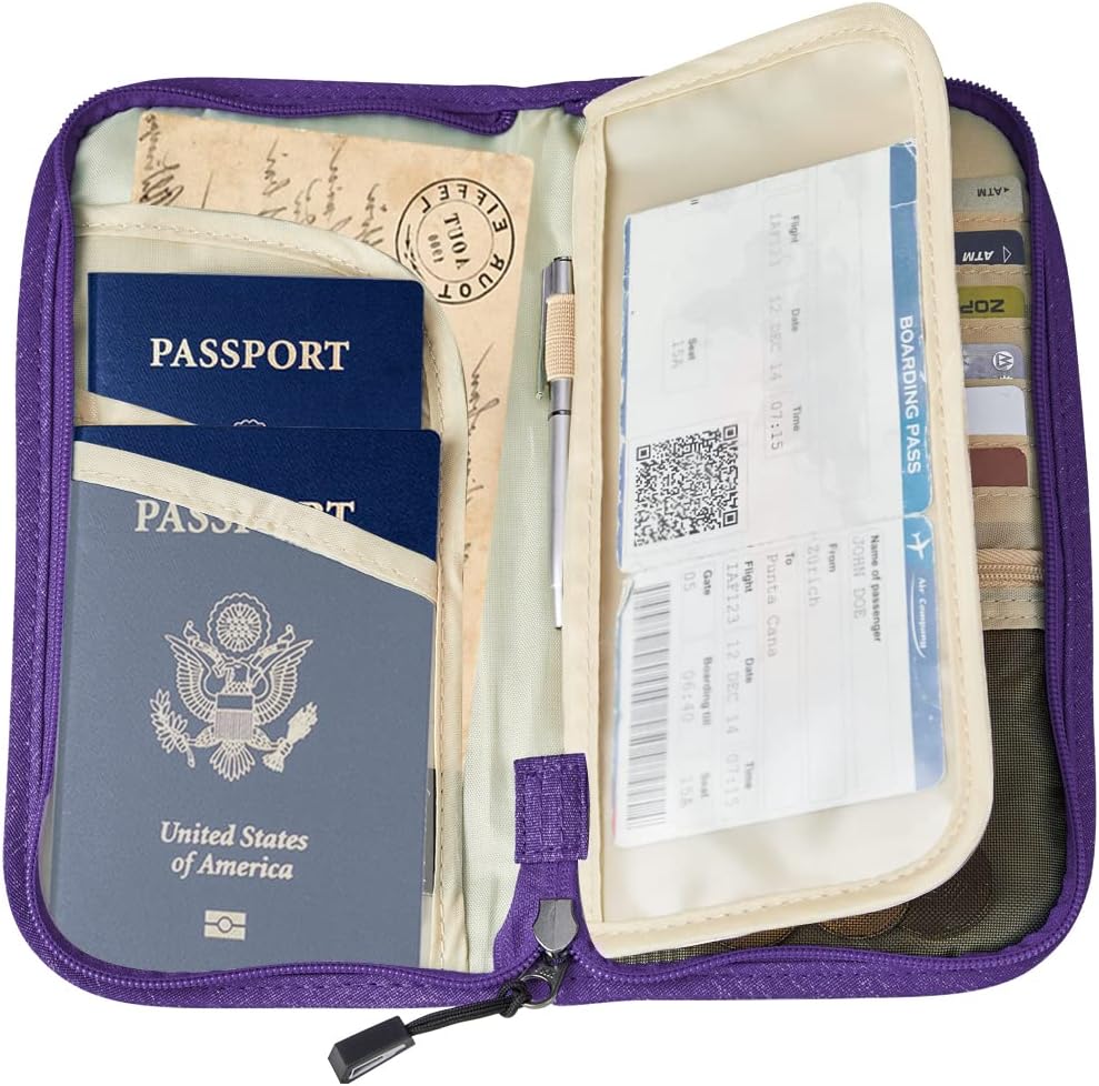 Passport Holder Family RFID Passport Wallet, Passport Holder Women/Men, Travel Wallet Documents Organizer Zipper Case with Removable Wristlet Strap, Travel Essentials for Flying