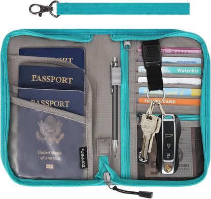 Passport Holder Family RFID Passport Wallet, Passport Holder Women/Men, Travel Wallet Documents Organizer Zipper Case with Removable Wristlet Strap, Travel Essentials for Flying