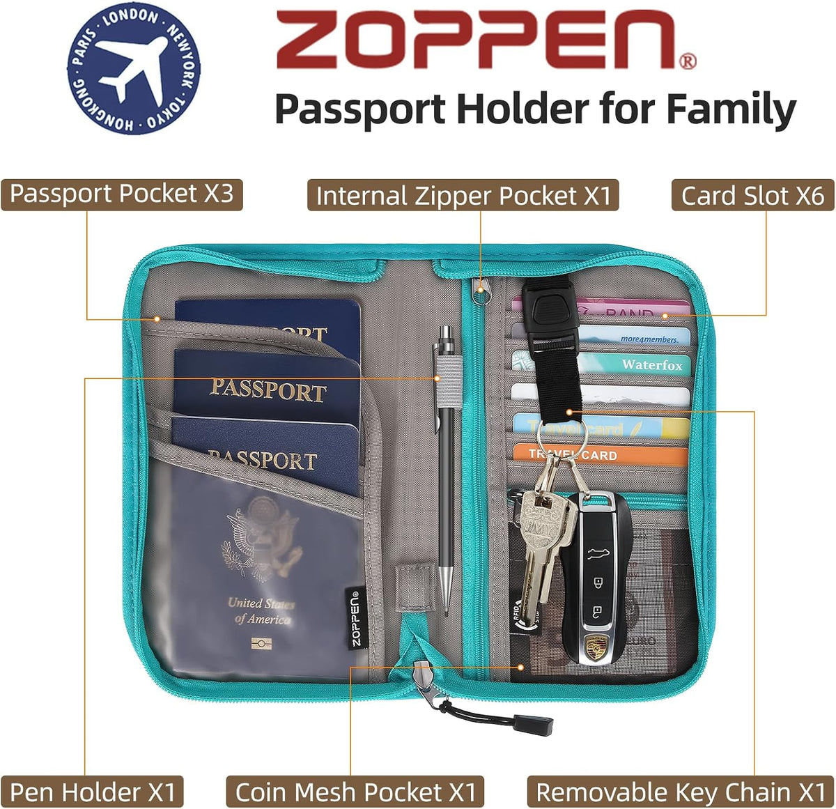 Passport Holder Family RFID Passport Wallet, Passport Holder Women/Men, Travel Wallet Documents Organizer Zipper Case with Removable Wristlet Strap, Travel Essentials for Flying