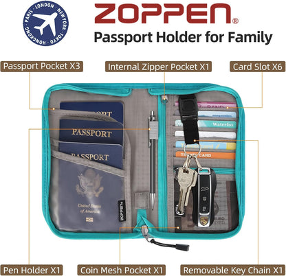 Passport Holder Family RFID Passport Wallet, Passport Holder Women/Men, Travel Wallet Documents Organizer Zipper Case with Removable Wristlet Strap, Travel Essentials for Flying