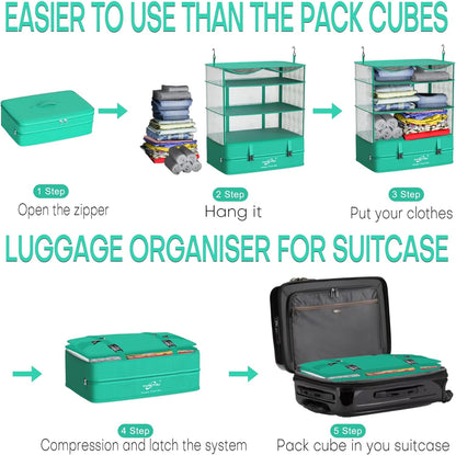 Compressible Packing Cubes Portable Hanging Closet Shelves 17"x12"x24" Extendable Travel Organizer Nylon Packing Bags for Suitcase