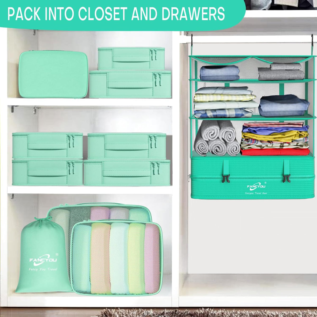 Compressible Packing Cubes Portable Hanging Closet Shelves 17"x12"x24" Extendable Travel Organizer Nylon Packing Bags for Suitcase
