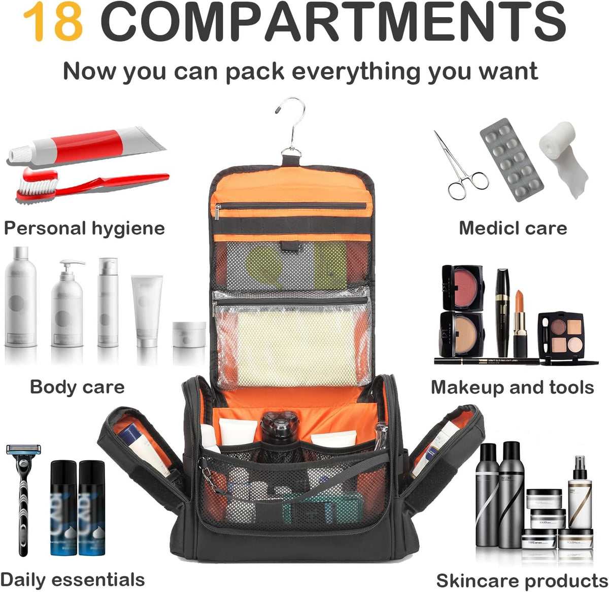 Tactical Toiletry Bag for Men, Hanging Dropp Kit Mens Toiletry Travel Bag for Toiletries, Traveling & Shaving Kit, Hygiene Bag Shower Bathroom Organizer with Handle & Swivel Hook, Black