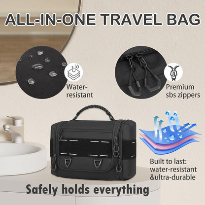 Tactical Toiletry Bag for Men, Hanging Dropp Kit Mens Toiletry Travel Bag for Toiletries, Traveling & Shaving Kit, Hygiene Bag Shower Bathroom Organizer with Handle & Swivel Hook, Black