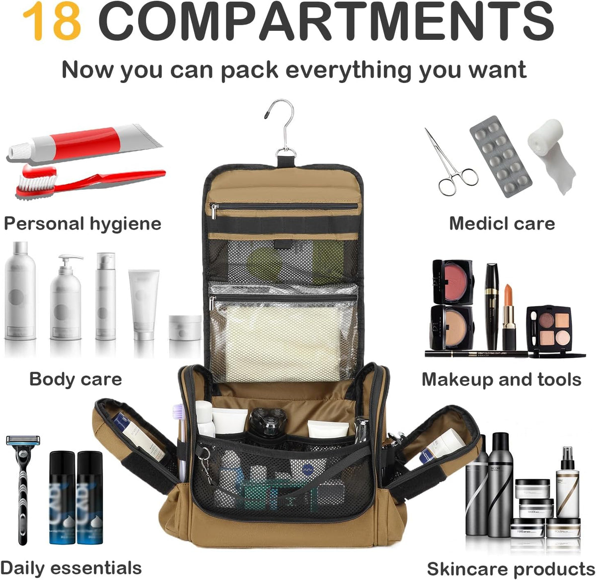 Tactical Toiletry Bag for Men, Hanging Dropp Kit Mens Toiletry Travel Bag for Toiletries, Traveling & Shaving Kit, Hygiene Bag Shower Bathroom Organizer with Handle & Swivel Hook, Black