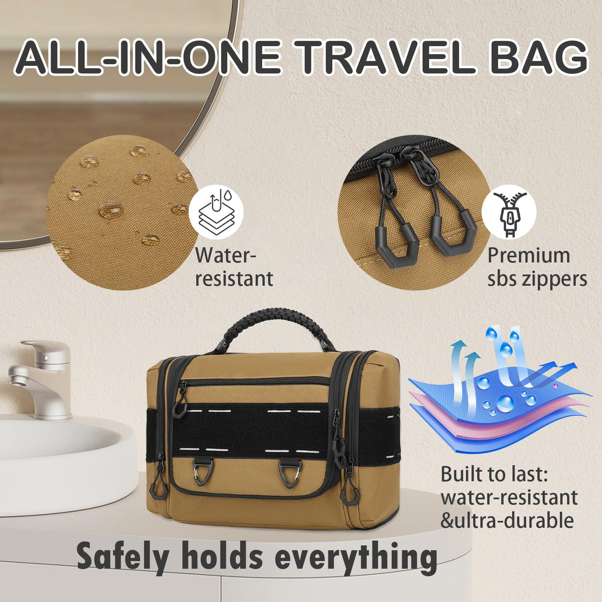 Tactical Toiletry Bag for Men, Hanging Dropp Kit Mens Toiletry Travel Bag for Toiletries, Traveling & Shaving Kit, Hygiene Bag Shower Bathroom Organizer with Handle & Swivel Hook, Black