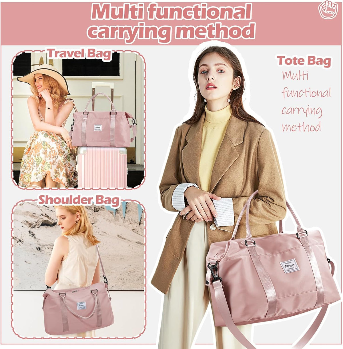 Pink Gym Bag with Wet Pocket, Foldable Travel Duffle Bag Carry On Weekender Bags for Women, Waterproof Overnight Bag for Travel, Gym, Yoga