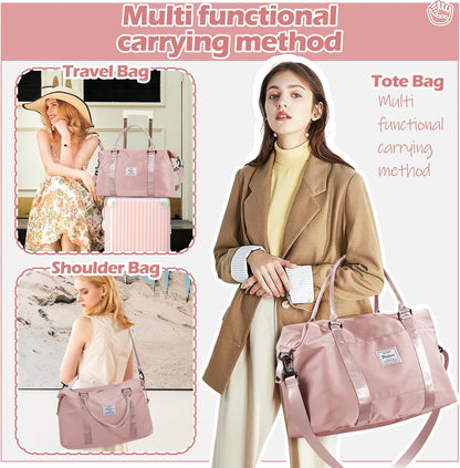 Pink Gym Bag with Wet Pocket, Foldable Travel Duffle Bag Carry On Weekender Bags for Women, Waterproof Overnight Bag for Travel, Gym, Yoga