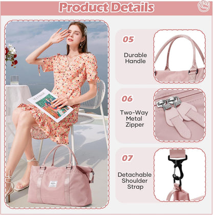 Pink Gym Bag with Wet Pocket, Foldable Travel Duffle Bag Carry On Weekender Bags for Women, Waterproof Overnight Bag for Travel, Gym, Yoga