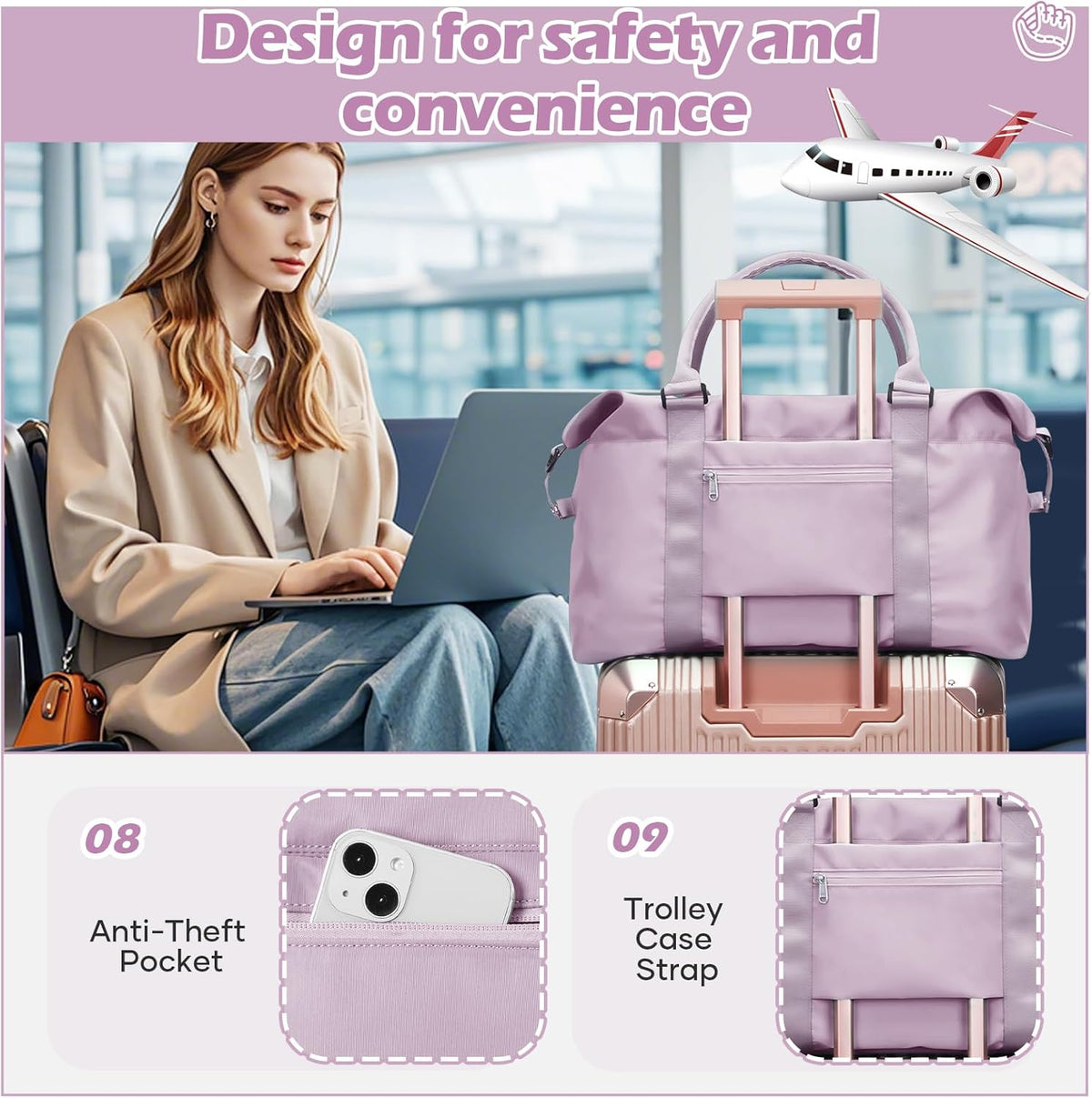 Pink Gym Bag with Wet Pocket, Foldable Travel Duffle Bag Carry On Weekender Bags for Women, Waterproof Overnight Bag for Travel, Gym, Yoga